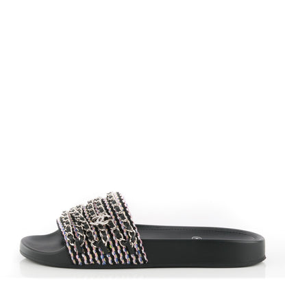 Chanel Tweed Lambskin Chain Flat Sandals 37 Black Multicolor 1 of 7
