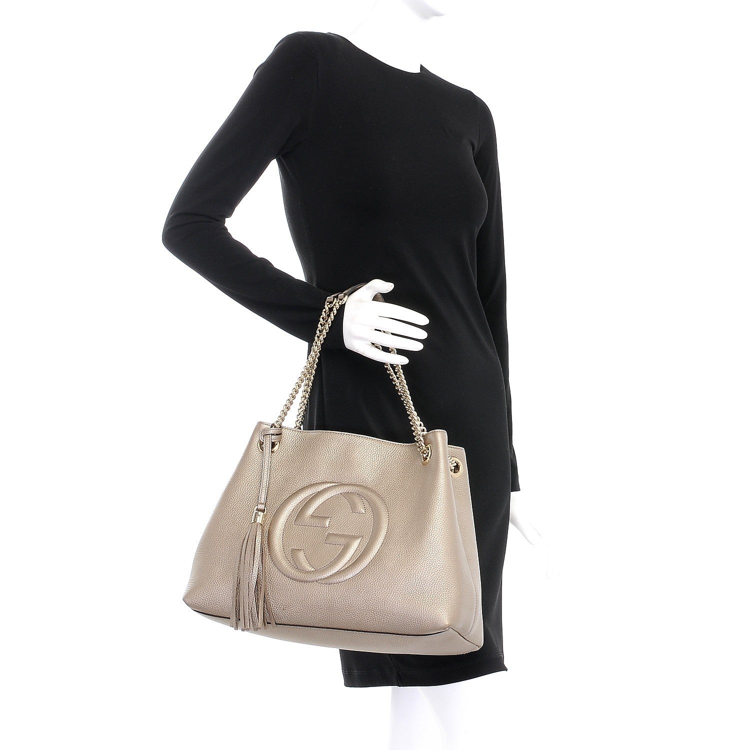 Gucci Metallic Pebbled Calfskin Medium Soho Chain Shoulder Bag Golden Beige 4 of 16