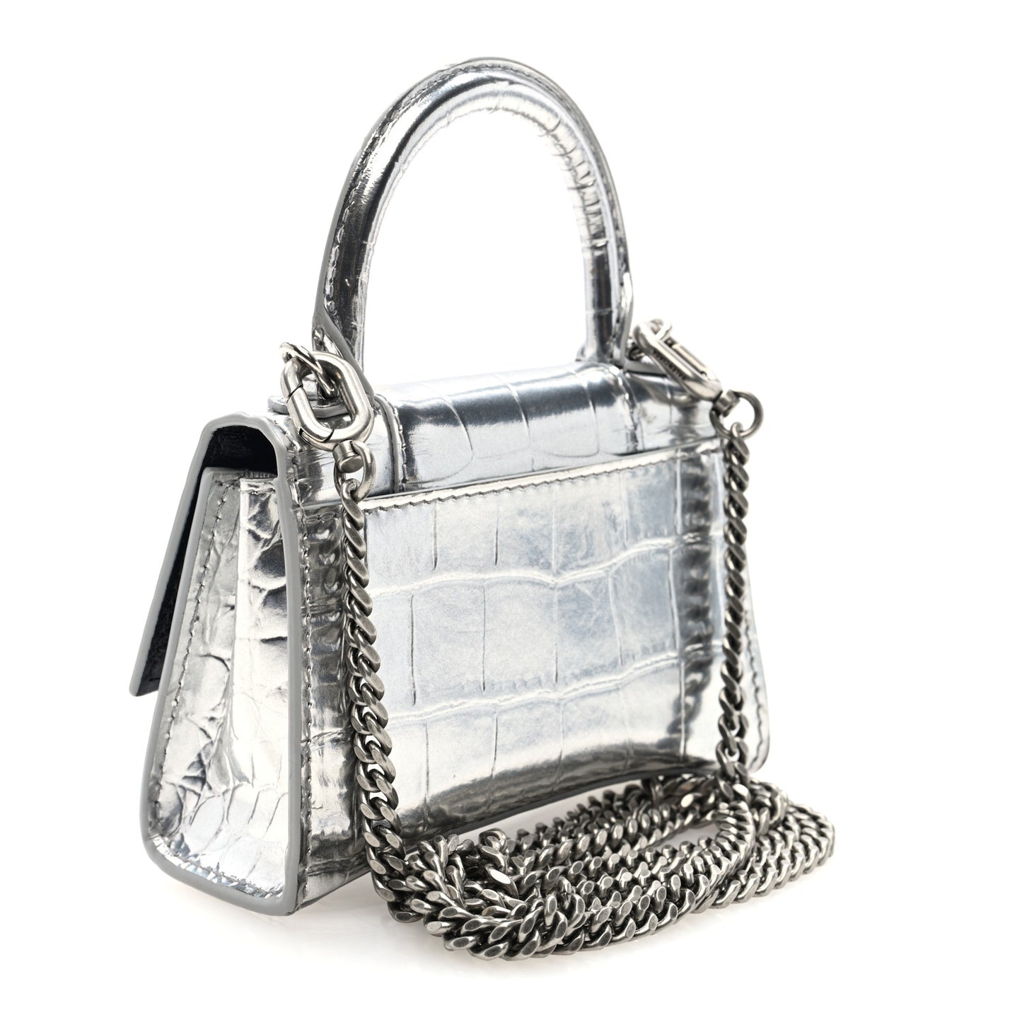 Metallic Calfskin Crocodile Embossed Hourglass Top Handle Bag Mini with Chain Silver