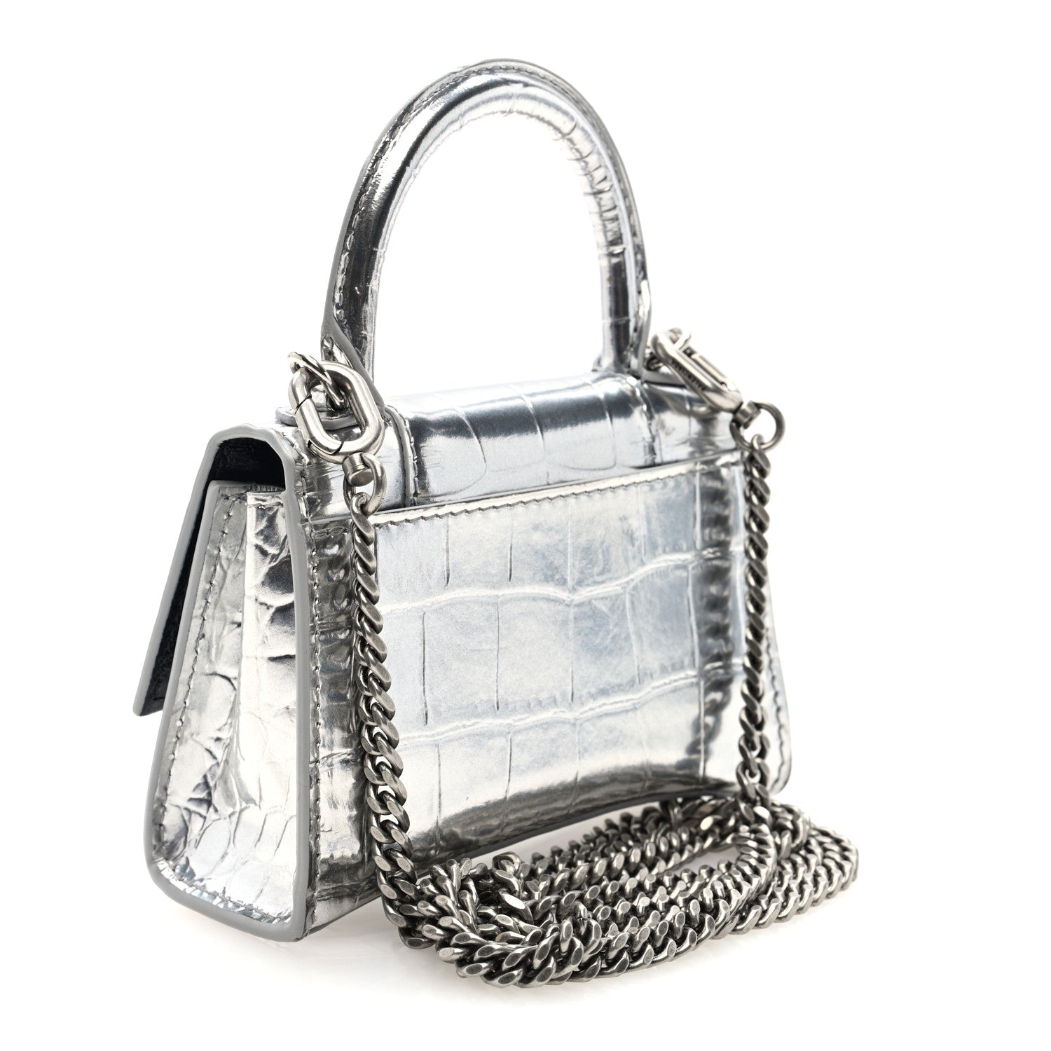 Balenciaga Metallic Calfskin Crocodile Embossed Hourglass Top Handle Bag Mini with Chain Silver 3 of 9
