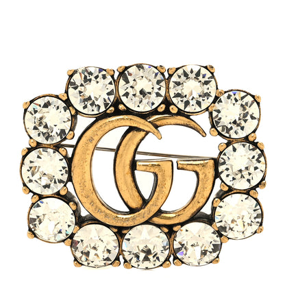 Gucci Metal Crystal Double G Brooch Aged Gold 1 of 4