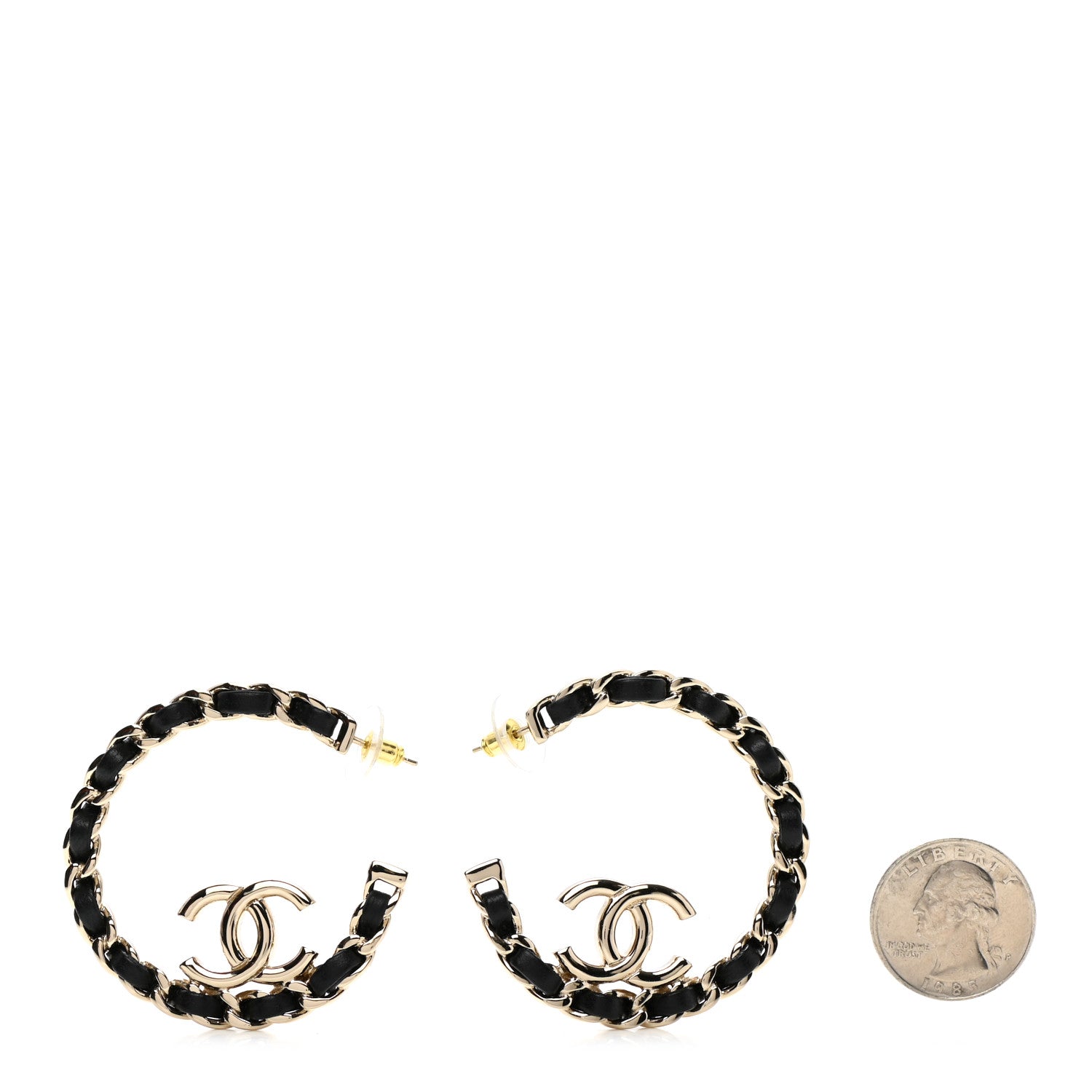Chanel Lambskin CC Chain Hoop Earrings Gold Black 2 of 5