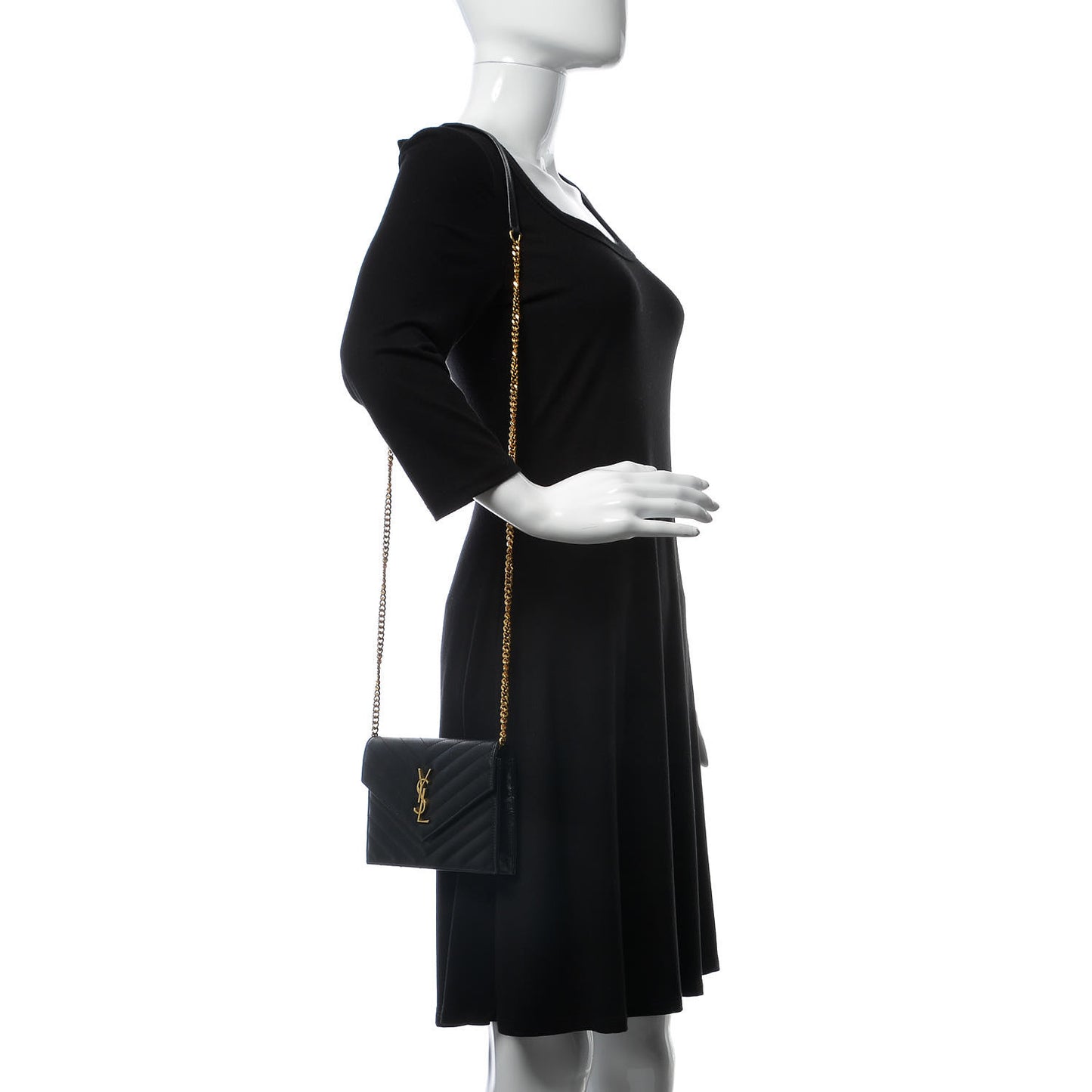 Grain De Poudre Matelasse Chevron Monogram Envelope Chain Wallet Black