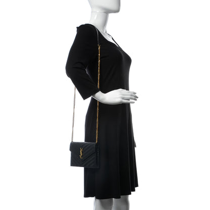 Saint Laurent Grain De Poudre Matelasse Chevron Monogram Envelope Chain Wallet Black 2 of 7
