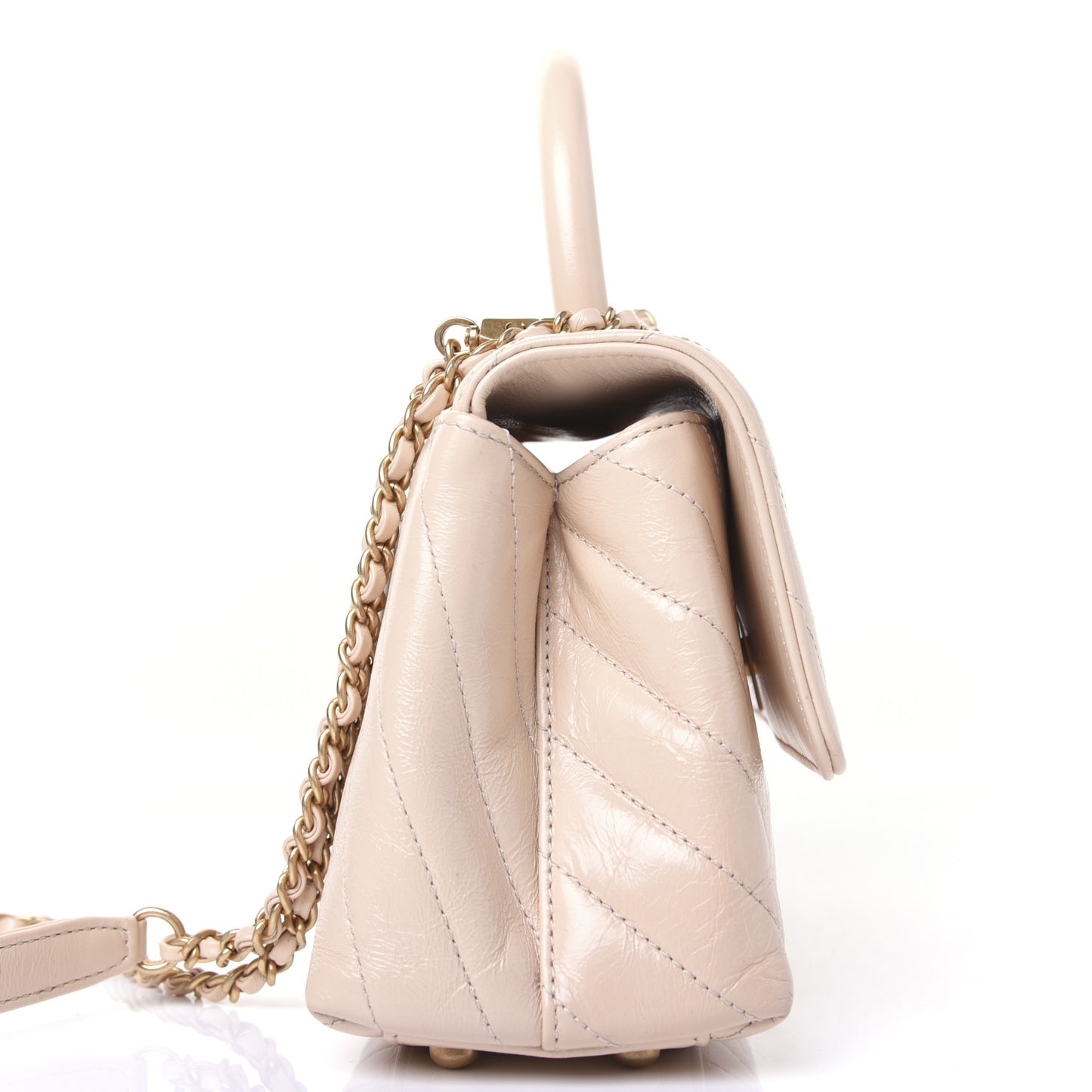Calfskin Chevron Quilted Mini Coco Handle Flap Beige