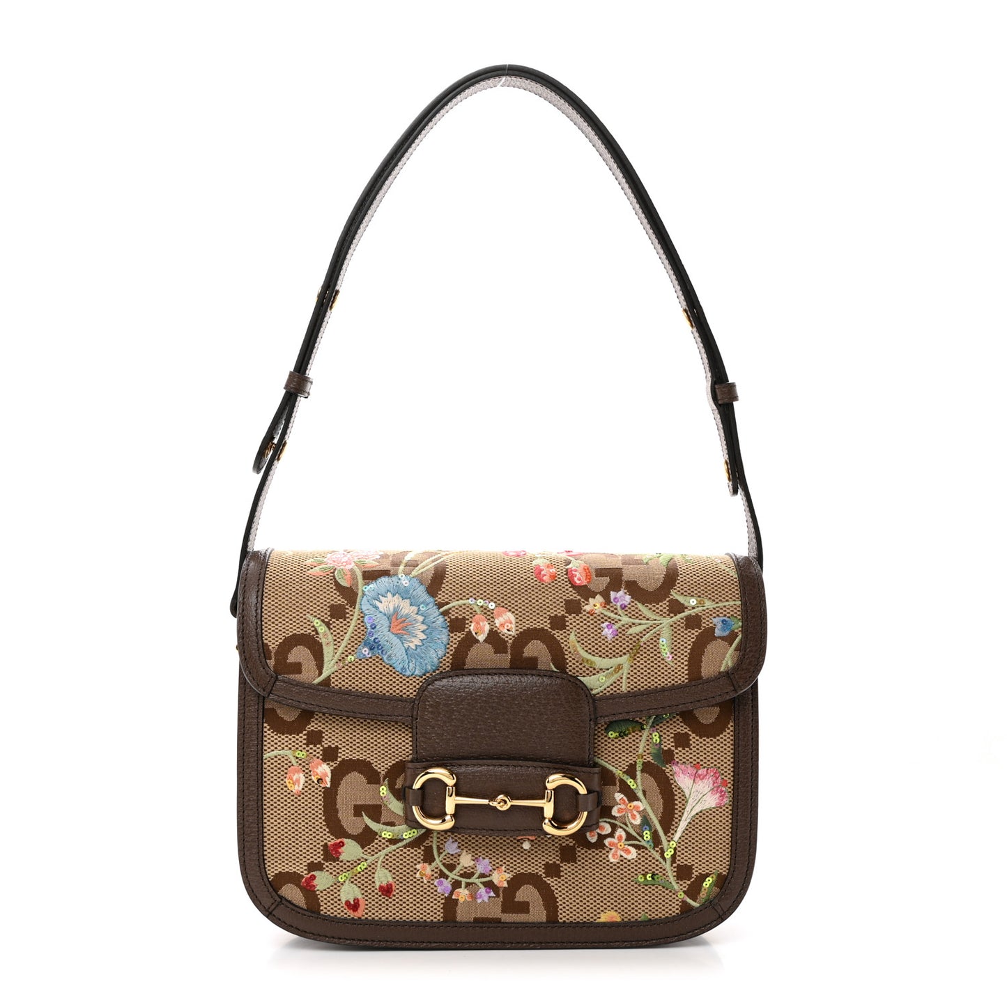 Monogram Jumbo GG Textured Dollar Calfskin Embroidered Horsebit 1955 Shoulder Bag Camel Ebony New Acero Multicolor