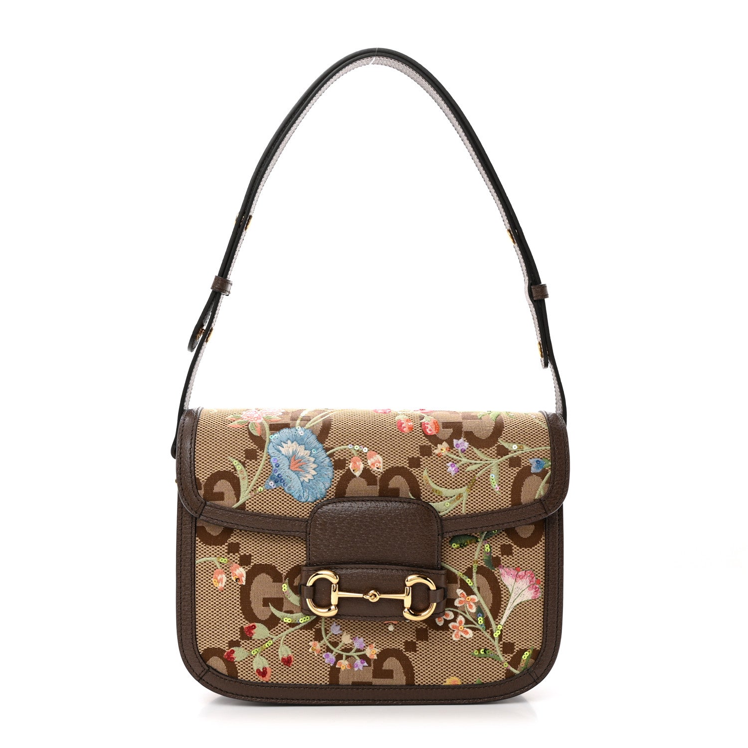 Gucci Monogram Jumbo GG Textured Dollar Calfskin Embroidered Horsebit 1955 Shoulder Bag Camel Ebony New Acero Multicolor 1 of 10