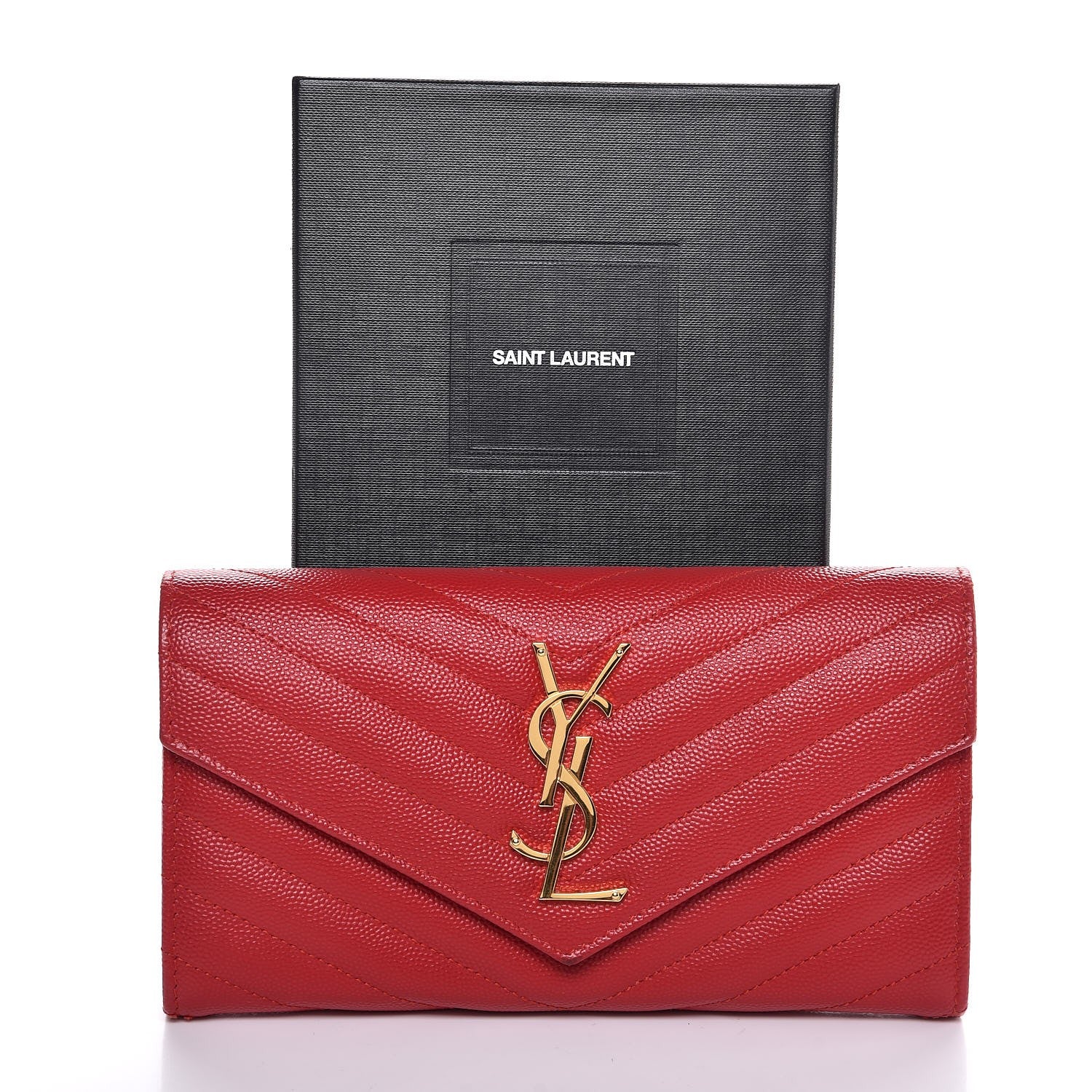 Saint Laurent Grain De Poudre Matelasse Chevron Monogram Flap Wallet Red 8 of 8