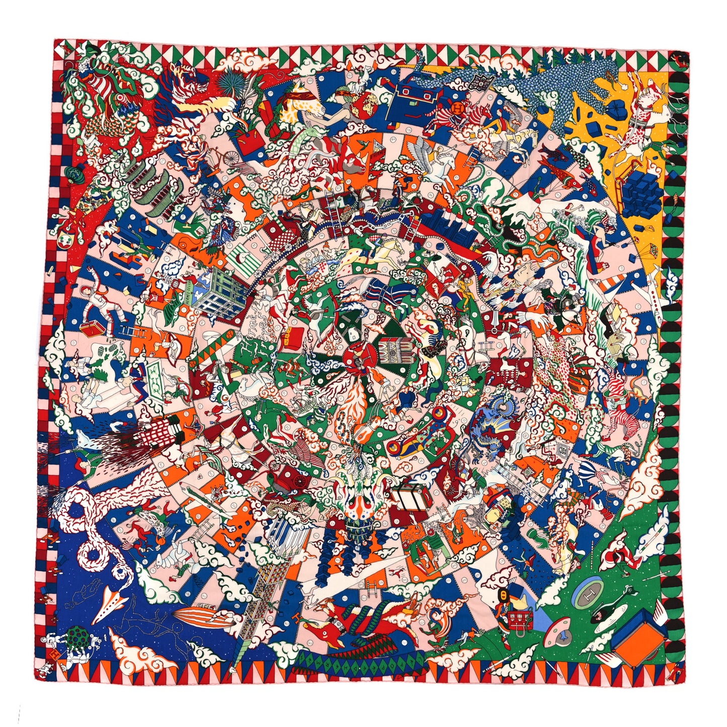 Cashmere Silk L'Epopee D'Hermes Shawl 140 Vert Bleu Orange