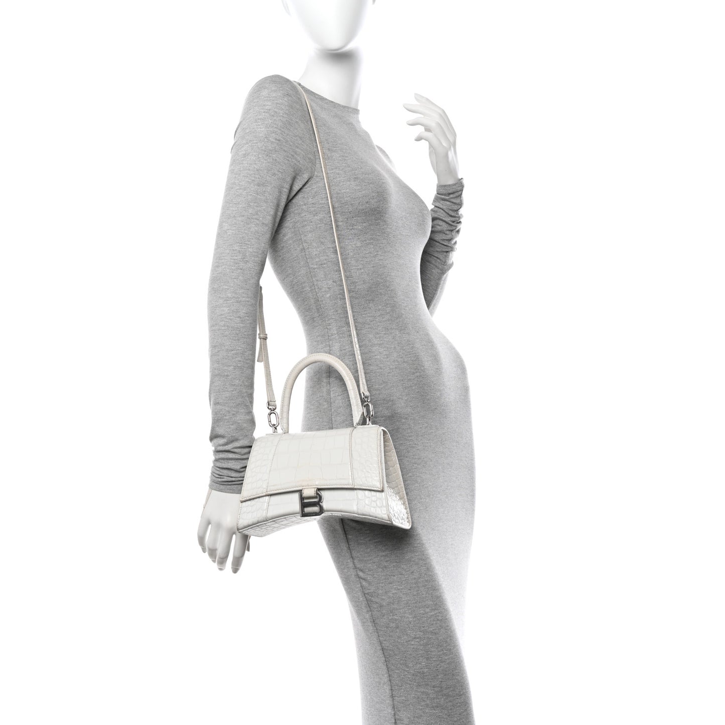 Calfskin Crocodile Embossed Small Hourglass Top Handle Bag White