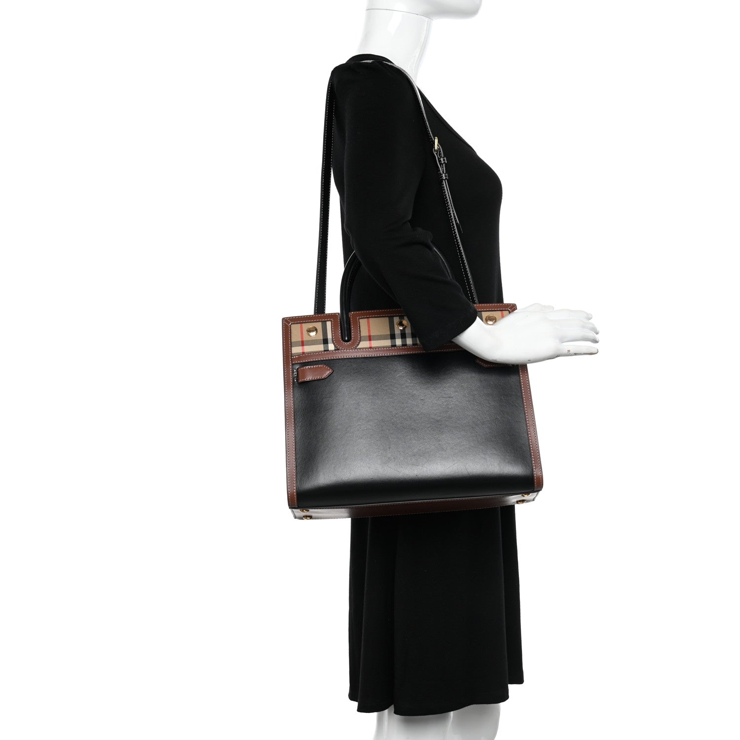 Burberry Calfskin Vintage Check Small Two Handle Title Bag Black 2 of 10