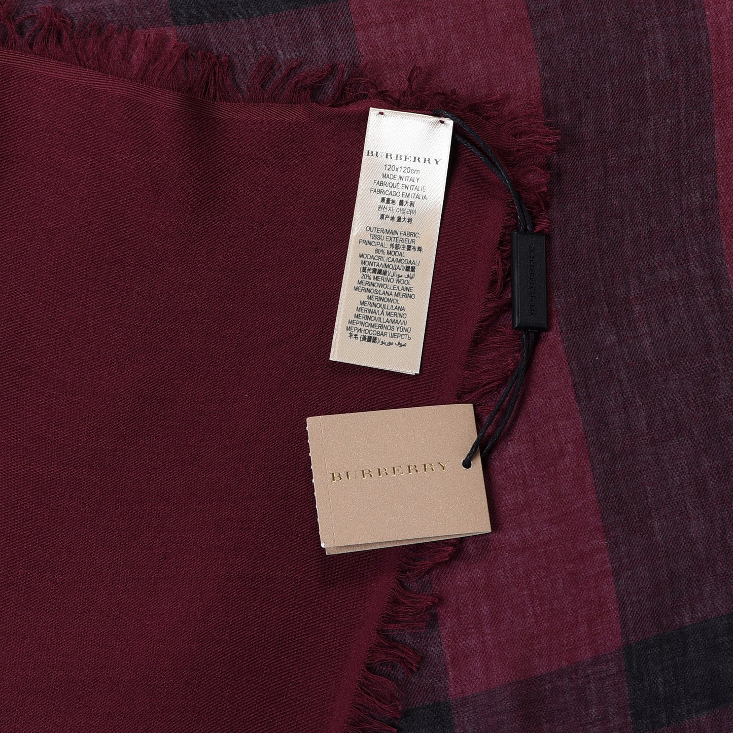Modal Wool Overdyed Chambray Check Square Scarf Deep Claret