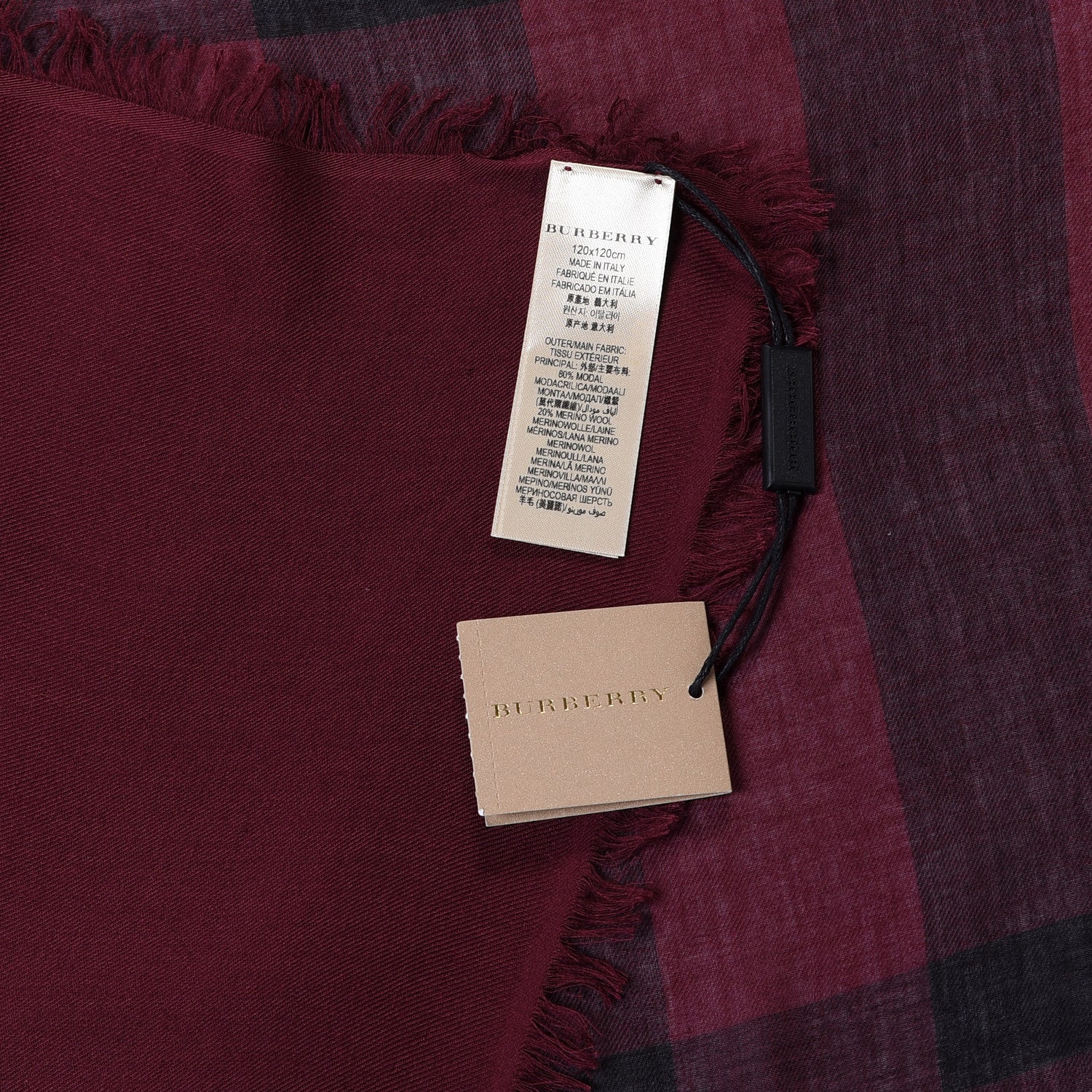 Burberry Modal Wool Overdyed Chambray Check Square Scarf Deep Claret 3 of 4