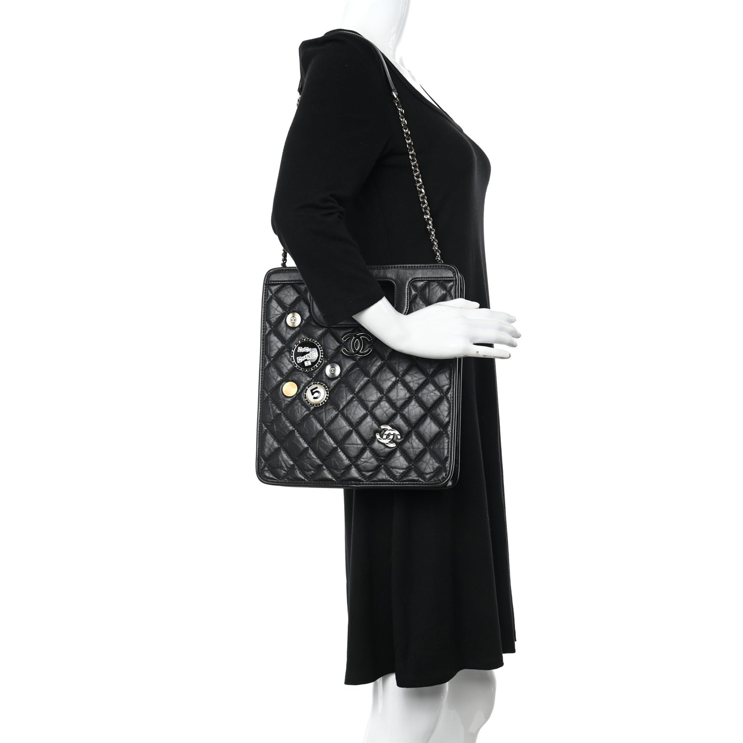 Aged Calfskin Small Charms Shopping Bag Black