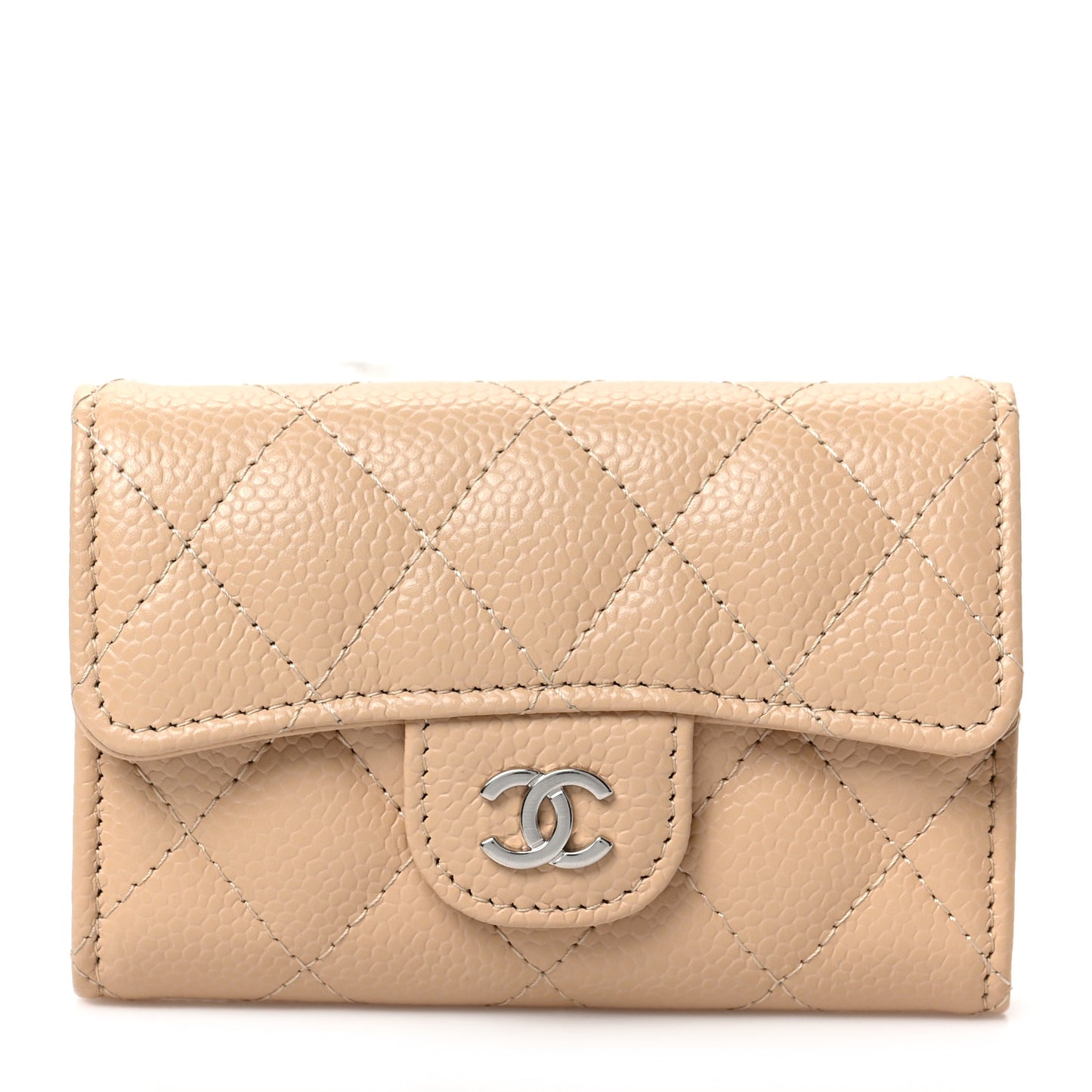 Caviar Quilted Flap Card Holder Wallet Beige