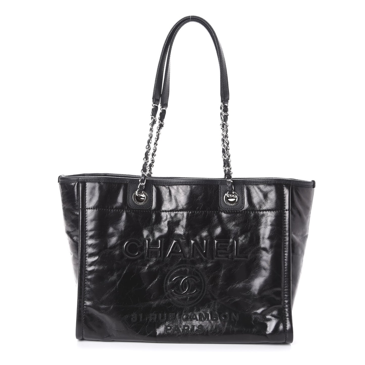 Glazed Calfskin Small Deauville Tote Black