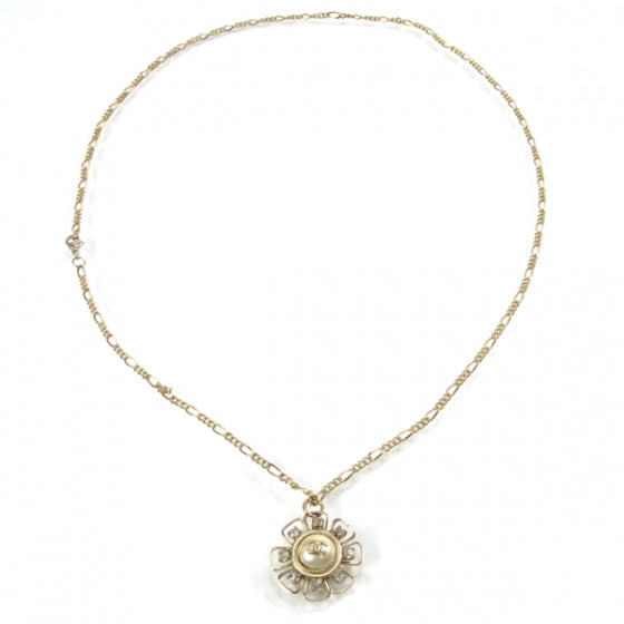 Crystal Pearl Flower CC Pendant Necklace Gold