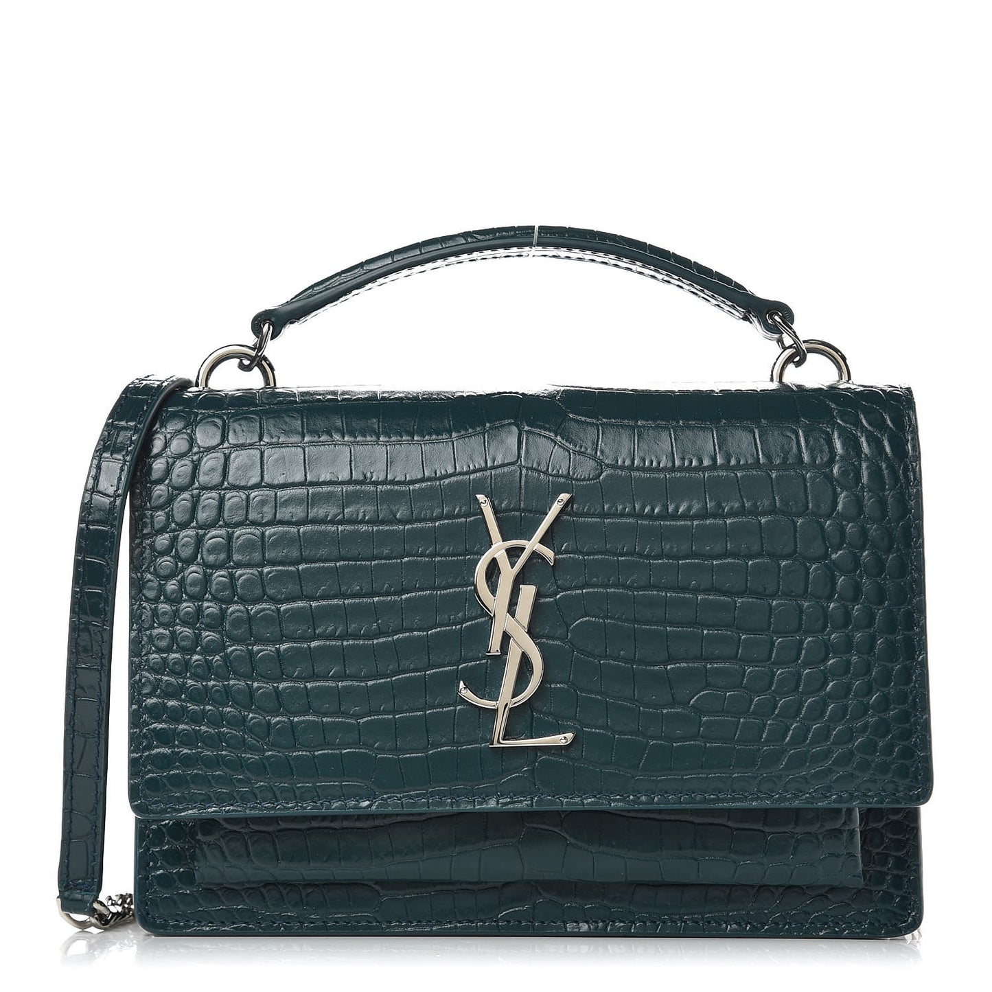 Calfskin Crocodile Embossed Monogram Sunset Chain Wallet Dark Turquoise