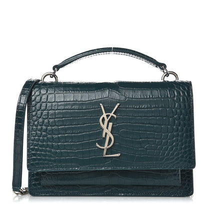 Saint Laurent Calfskin Crocodile Embossed Monogram Sunset Chain Wallet Dark Turquoise 1 of 9