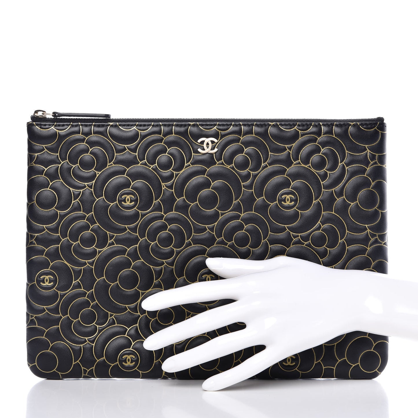 Lambskin Camellia Embossed Medium Cosmetic Case Black Gold