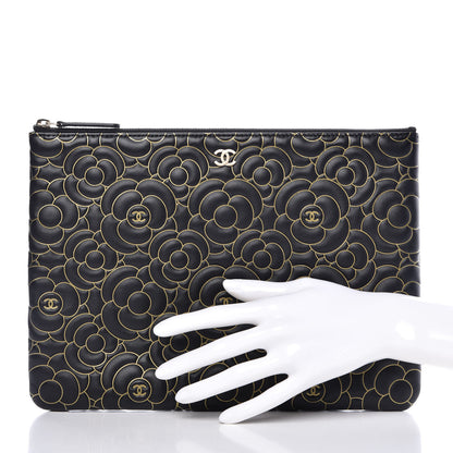 Chanel Lambskin Camellia Embossed Medium Cosmetic Case Black Gold 2 of 10