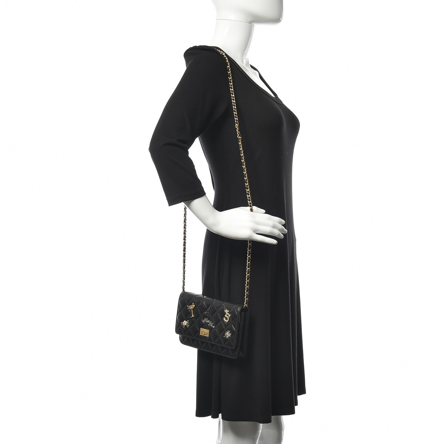 Chanel Aged Calfskin Quilted Lucky Charms 2.55 Reissue Wallet On Chain WOC Black 2 of 12