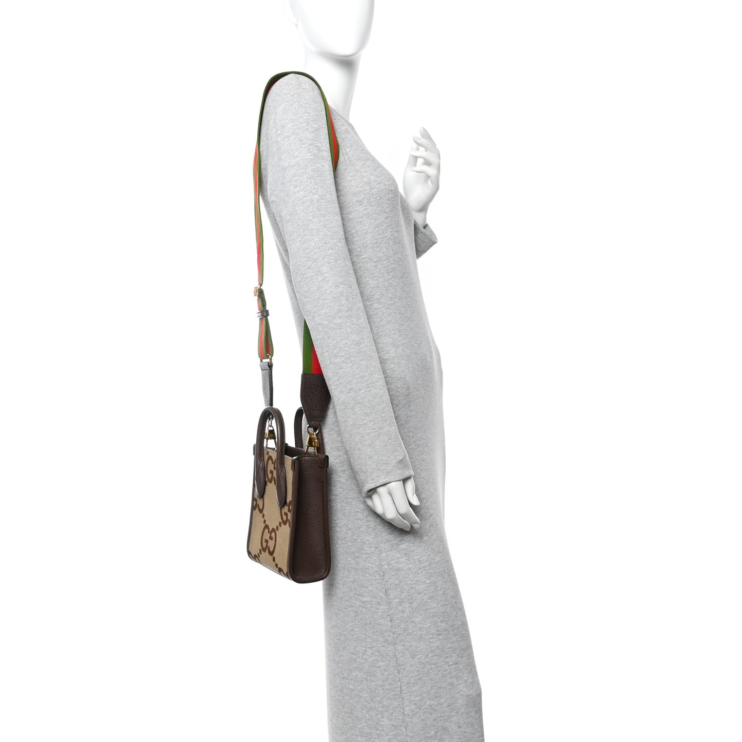 Monogram Jumbo GG Textured Dollar Calfskin Web Mini Vertical Tote Camel Ebony New Acero