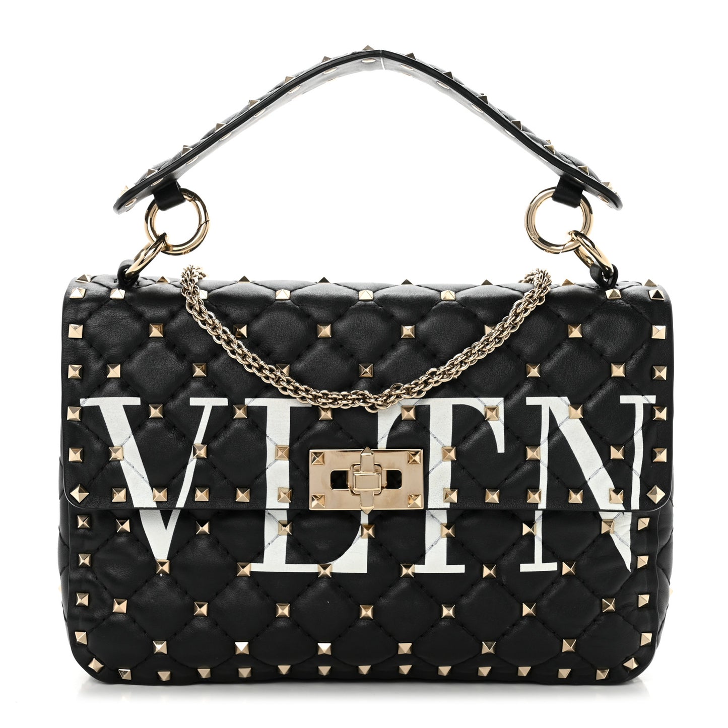 Lambskin VLTN Print Medium Rockstud Spike Shoulder Bag Black