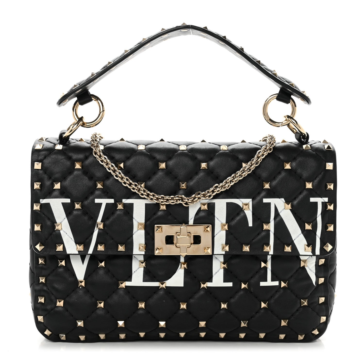 Valentino Garavani Lambskin VLTN Print Medium Rockstud Spike Shoulder Bag Black 1 of 10