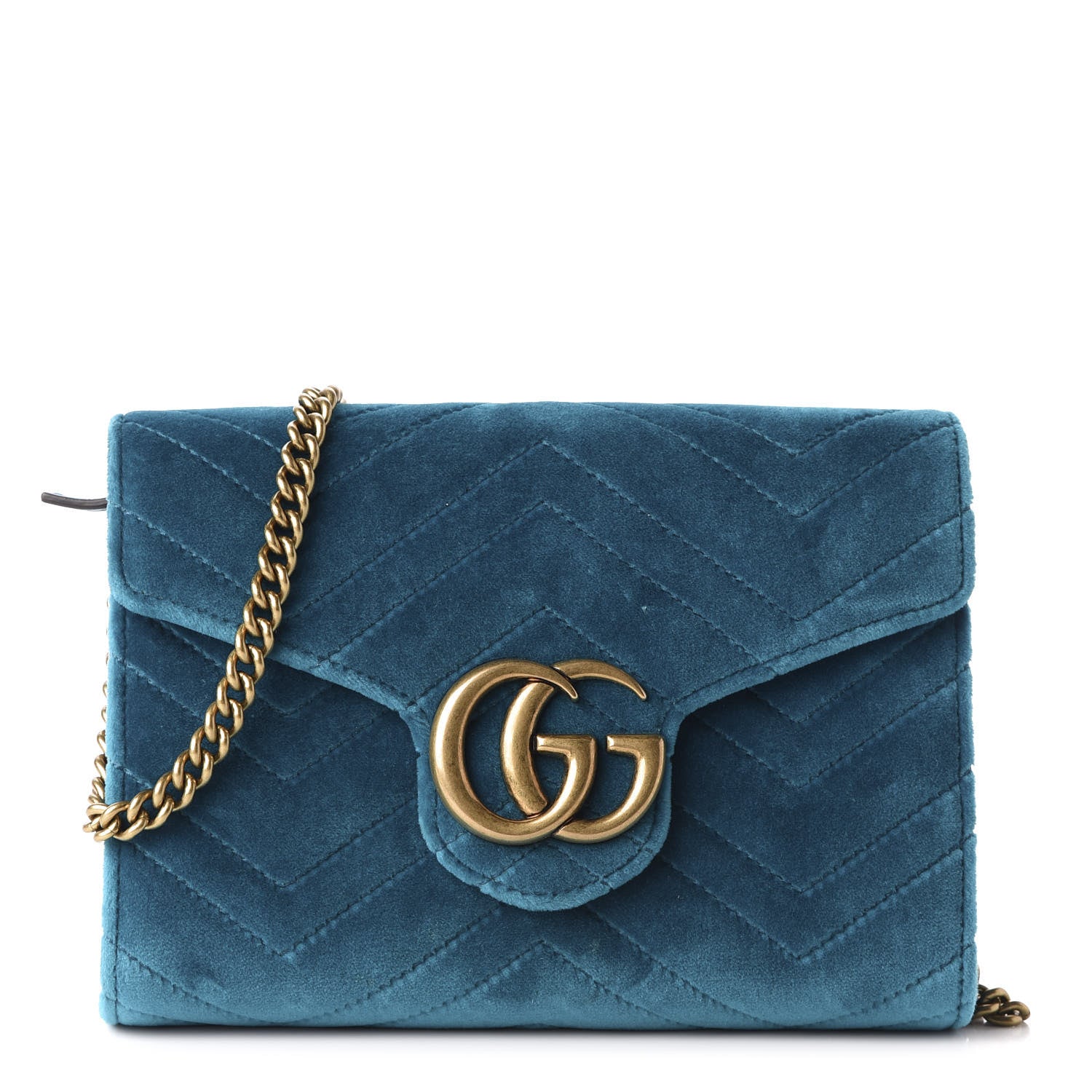 Gucci Velvet Matelasse GG Marmont Chain Wallet Pavone Cyan 1 of 9