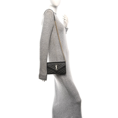 Saint Laurent Grain De Poudre Matelasse Chevron Monogram Envelope Chain Wallet Black 2 of 10