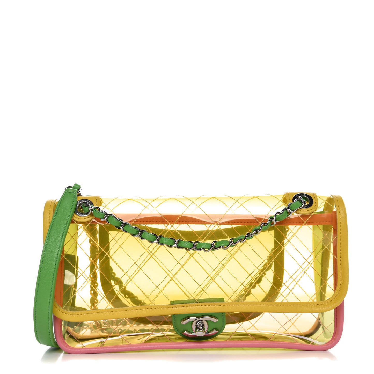 PVC Lambskin Stitched Medium Coco Splash Flap Yellow Green Pink