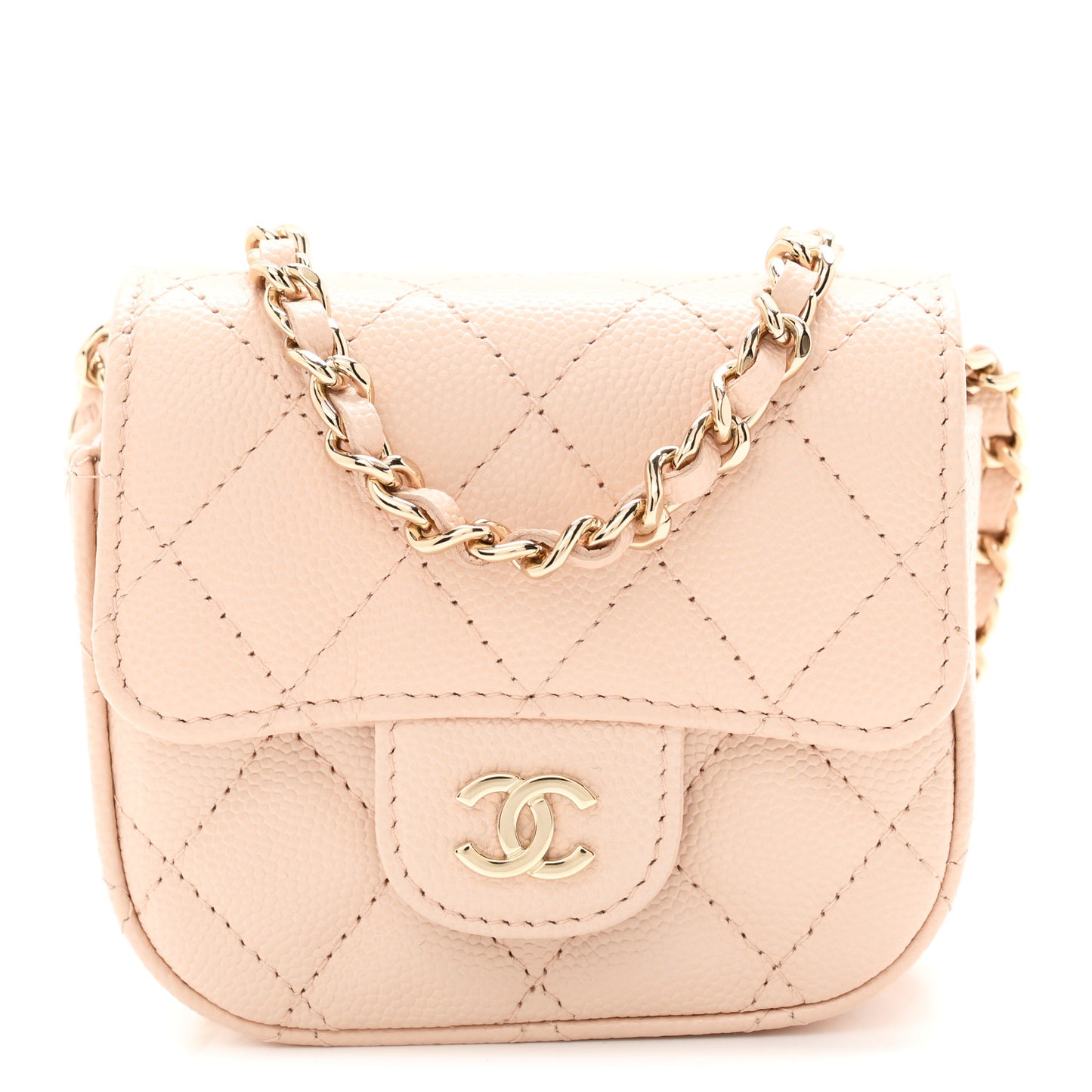 Caviar Quilted Mini Clutch With Chain Light Beige