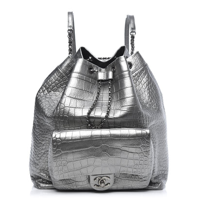 Chanel Metallic Calfskin Crocodile Embossed Large Backpack Silver 1 of 10