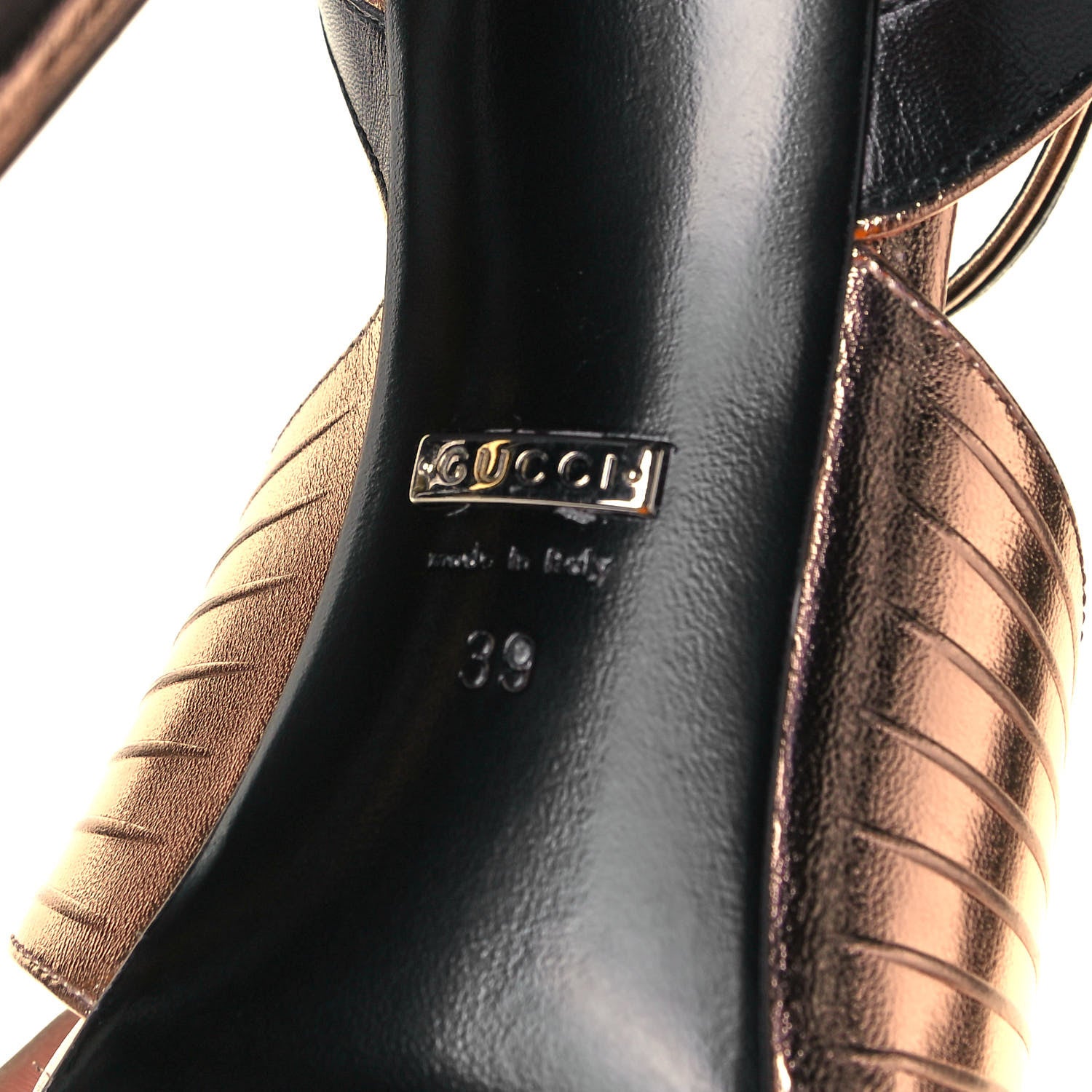 Gucci Malaga Kid Webby Crossover High Heel Sandals 39 Champagne 6 of 7