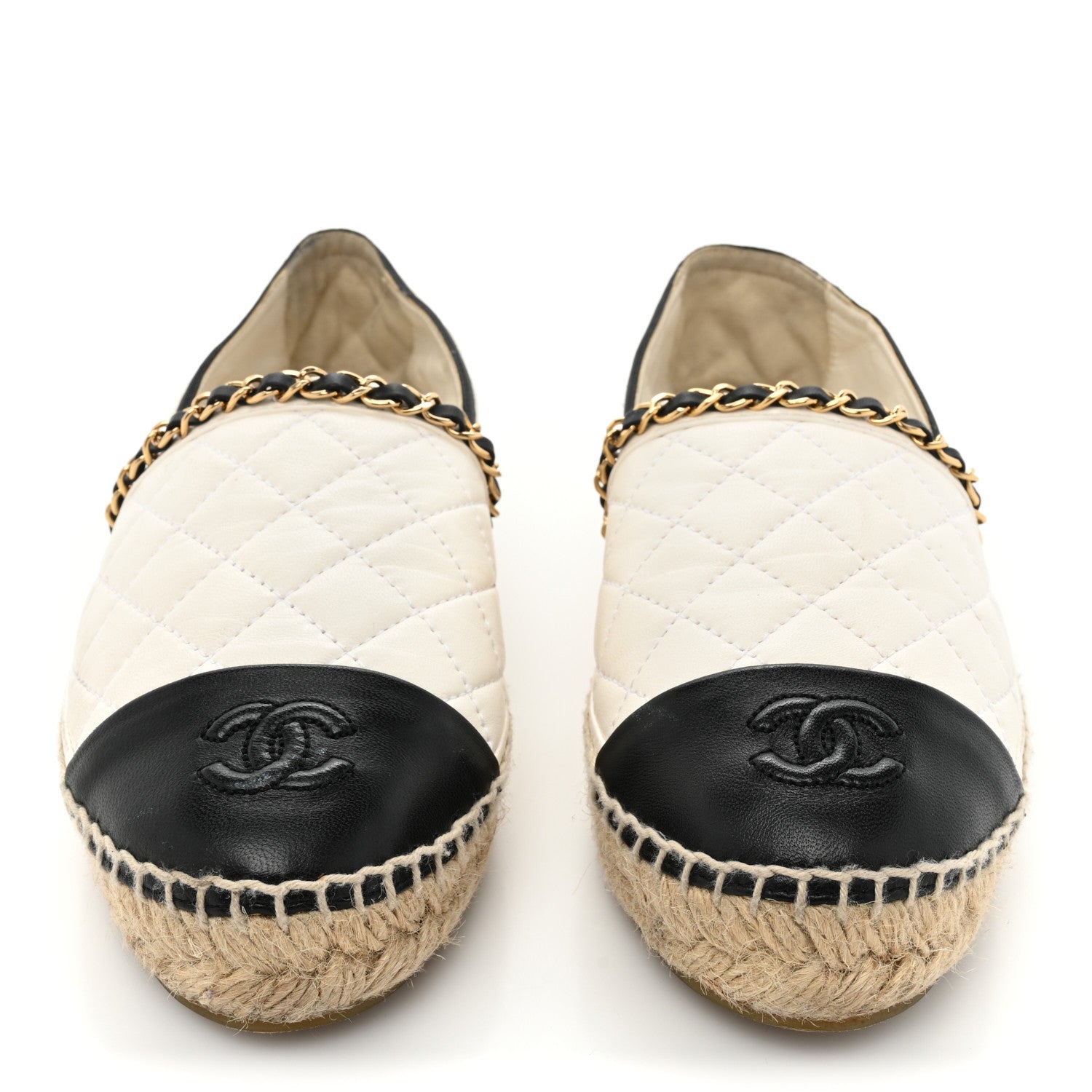 Chanel Lambskin Grosgrain Quilted CC Chain Espadrilles 37 White Black 2 of 17