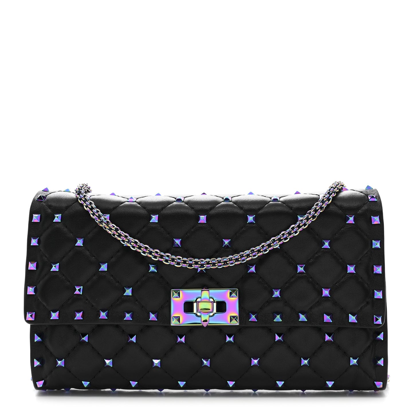 Lambskin Oil Slick Rockstud Spike Wallet on Chain Black