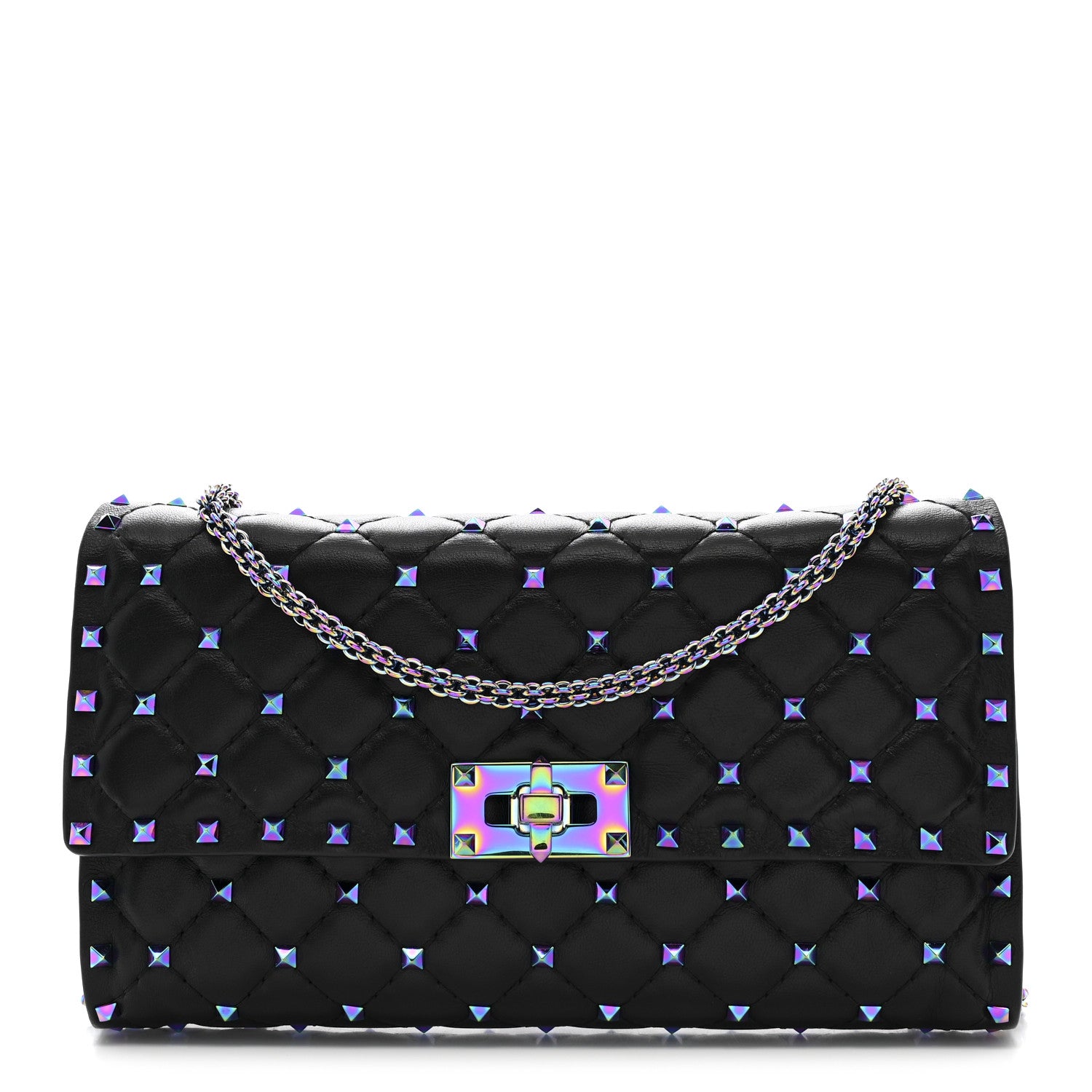 Valentino Garavani Lambskin Oil Slick Rockstud Spike Wallet on Chain Black 1 of 10