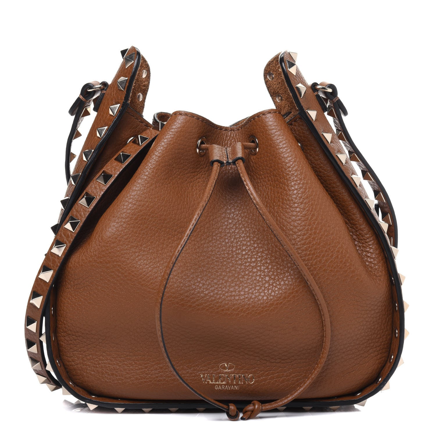 Valentino Garavani Grained Calfskin Rockstud Bucket Bag Bright Cognac 1 of 15