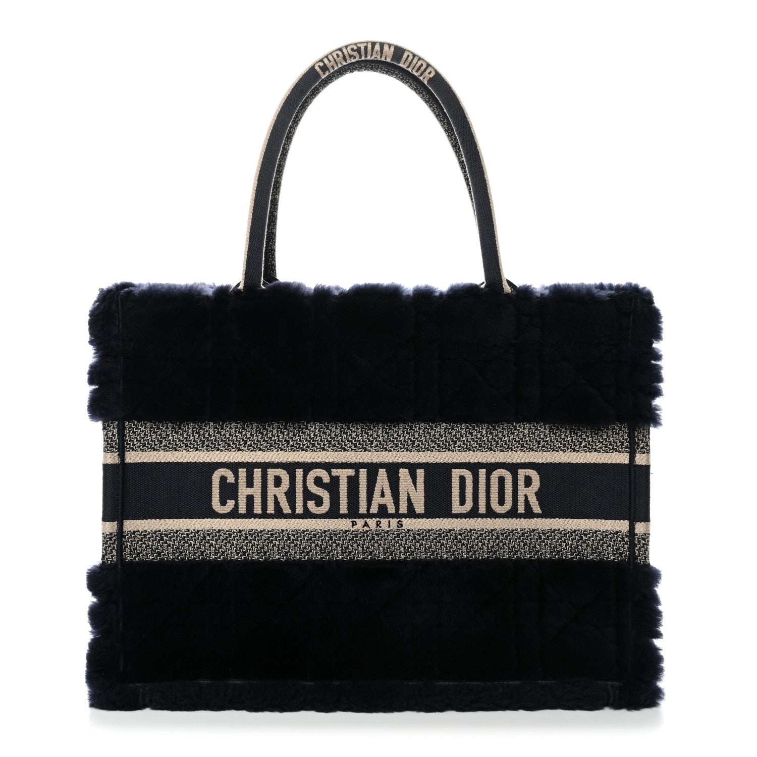 Christian Dior Shearling Cannage Medium Book Tote Deep Blue Natural 1 of 11