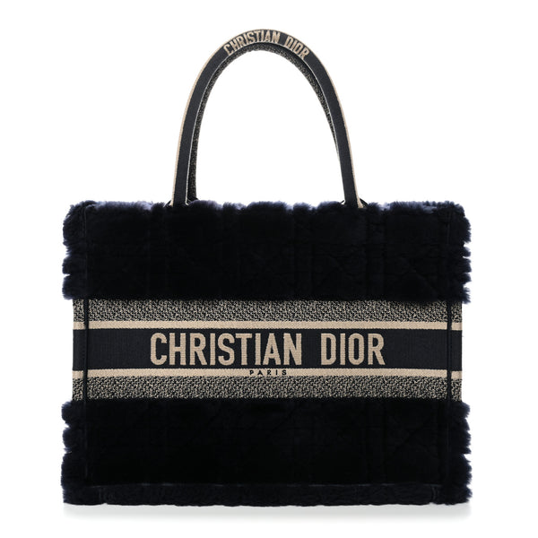 Christian Dior Shearling Cannage Medium Book Tote Deep Blue
