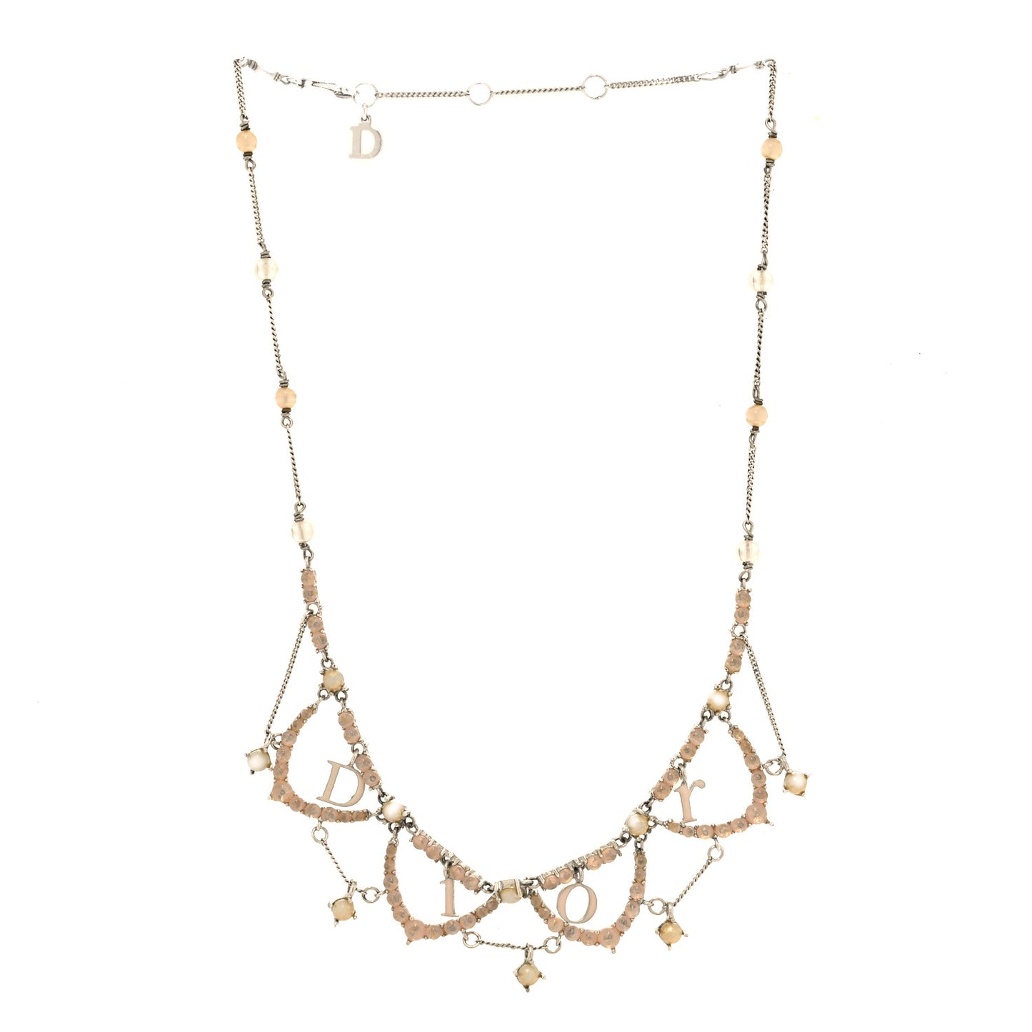 Beaded Logo Charm Necklace Silver Beige