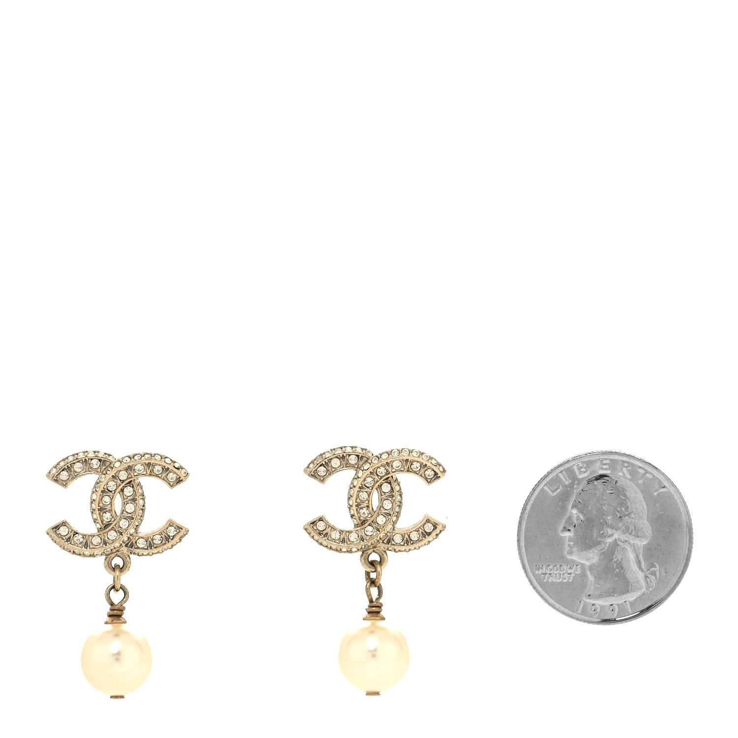 Chanel Crystal Timeless CC Pearl Drop Earrings Light Gold 2 of 4