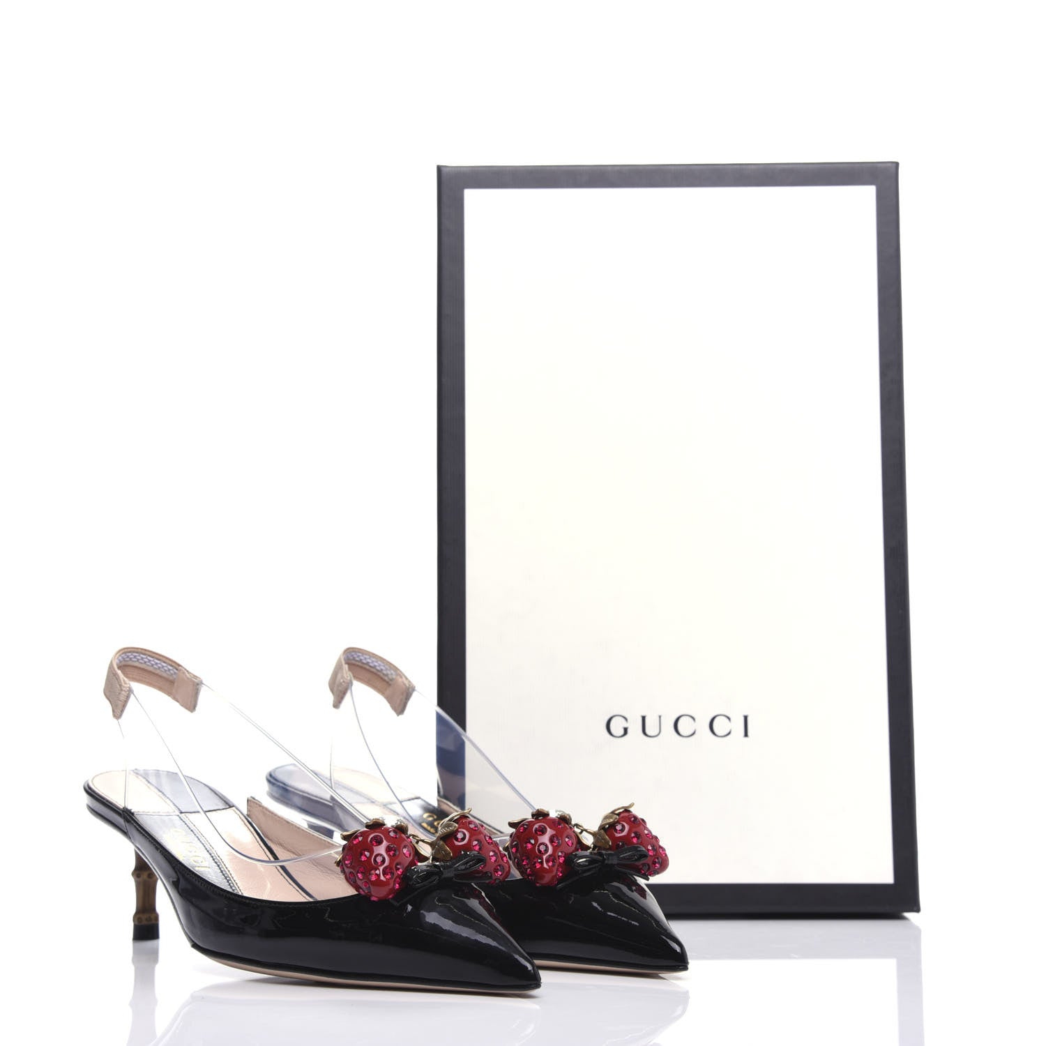 Gucci Patent PVC Bamboo Crystal Strawberry Eleonor Low Heel Slingback Pumps 37 Black 10 of 10