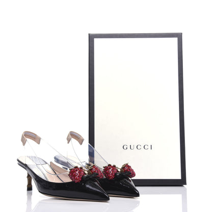 Gucci Patent PVC Bamboo Crystal Strawberry Eleonor Low Heel Slingback Pumps 37 Black 10 of 10