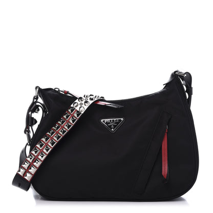 Prada Tessuto Nylon Studded New Vela Hobo Black Fuoco 1 of 12