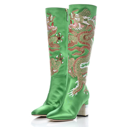 Gucci Silk Satin Malaga Kid Embroidered Candy Dragon Block-Heel Knee Boot 37 Palm 4 of 11