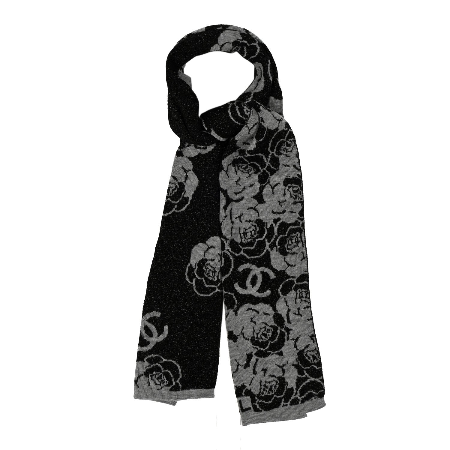 CHANEL マフラー カシミヤ/メタリック Chanel Wool Cashmere Viscose Metallic Fiber Camellia Scarf Black