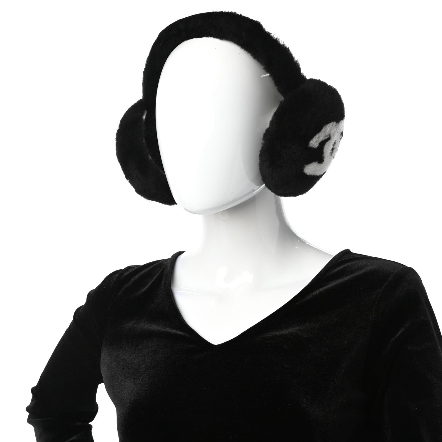 Chanel Shearling CC Ear Muffs Black White 2 of 6