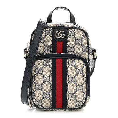 Gucci GG Supreme Monogram Textured Dollar Calfskin Web Mini Ophidia Double Zip Messenger Bag Beige Blue 1 of 9